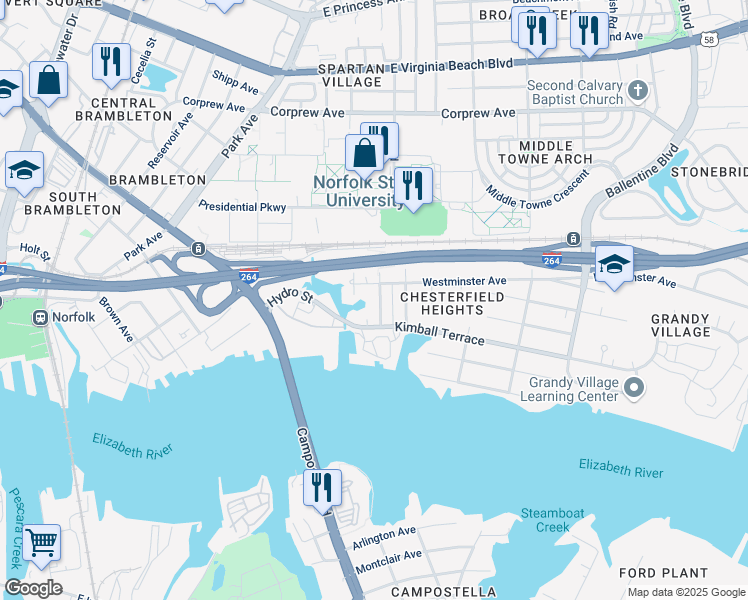 map of restaurants, bars, coffee shops, grocery stores, and more near 721 Thayor Street in Norfolk