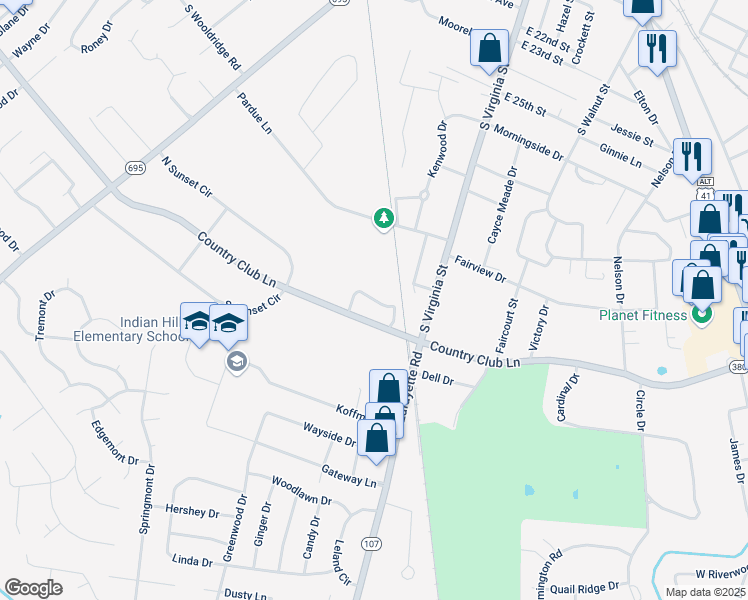 map of restaurants, bars, coffee shops, grocery stores, and more near 799 Hickory Ridge Circle in Hopkinsville