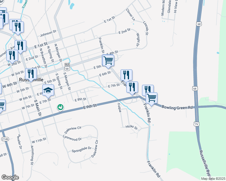 map of restaurants, bars, coffee shops, grocery stores, and more near 335 East 9th Street in Russellville