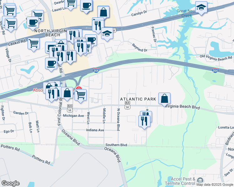 map of restaurants, bars, coffee shops, grocery stores, and more near 327 North Oceana Boulevard in Virginia Beach