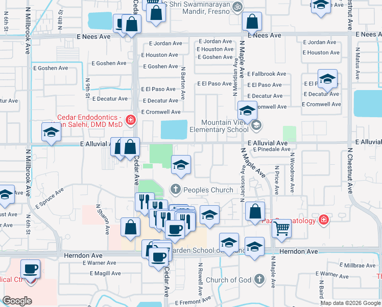 map of restaurants, bars, coffee shops, grocery stores, and more near 1733 East Alluvial Avenue in Fresno