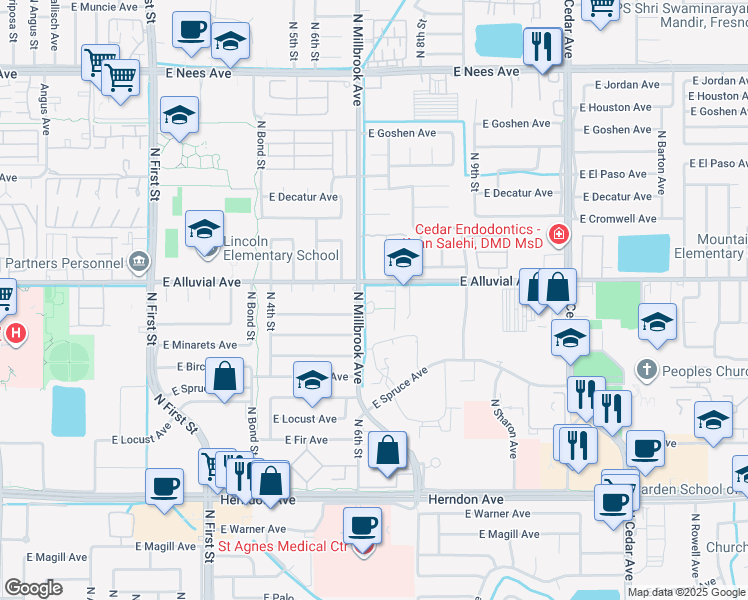 map of restaurants, bars, coffee shops, grocery stores, and more near 1135 East Alluvial Avenue in Fresno