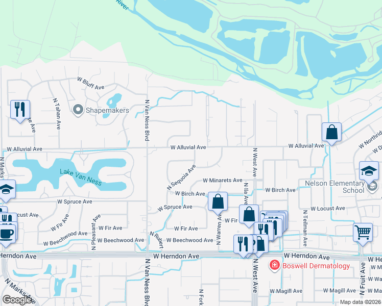 map of restaurants, bars, coffee shops, grocery stores, and more near 2251 West Alluvial Avenue in Fresno