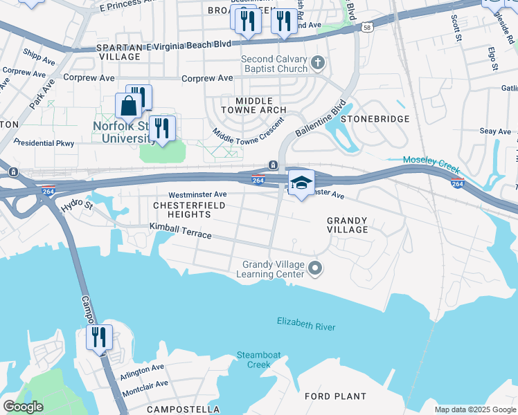 map of restaurants, bars, coffee shops, grocery stores, and more near 2821 Earlscourt Avenue in Norfolk