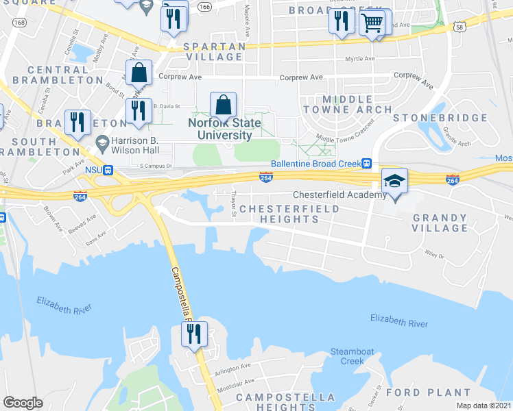 map of restaurants, bars, coffee shops, grocery stores, and more near 732 Forbes Street in Norfolk