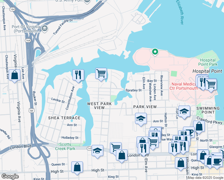 map of restaurants, bars, coffee shops, grocery stores, and more near 1531 Spratley Street in Portsmouth