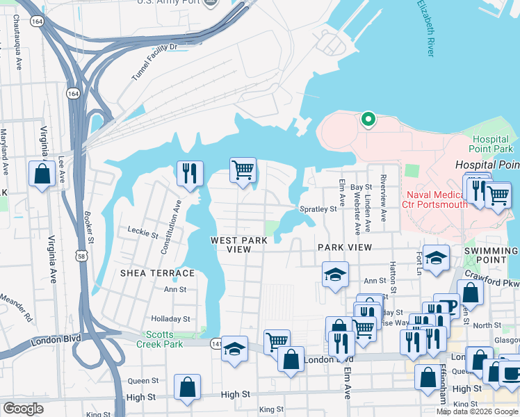 map of restaurants, bars, coffee shops, grocery stores, and more near 1612 Spratley Street in Portsmouth