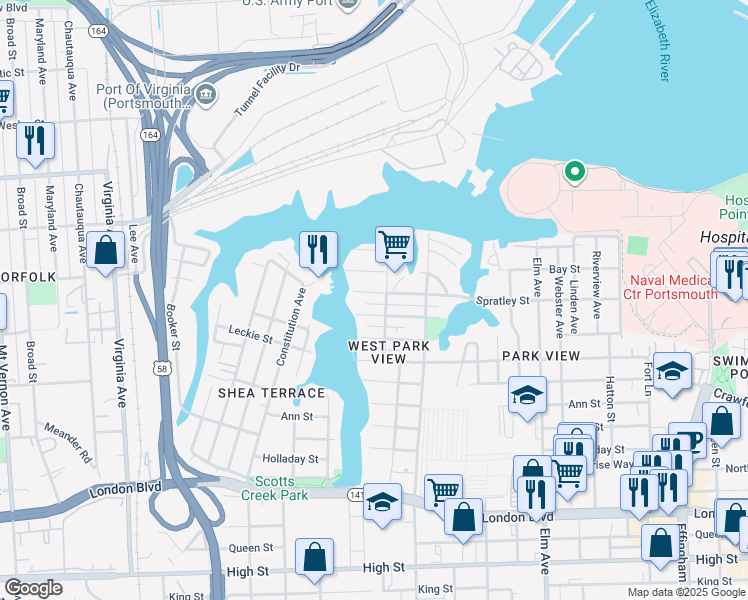 map of restaurants, bars, coffee shops, grocery stores, and more near 1704 Spratley Street in Portsmouth