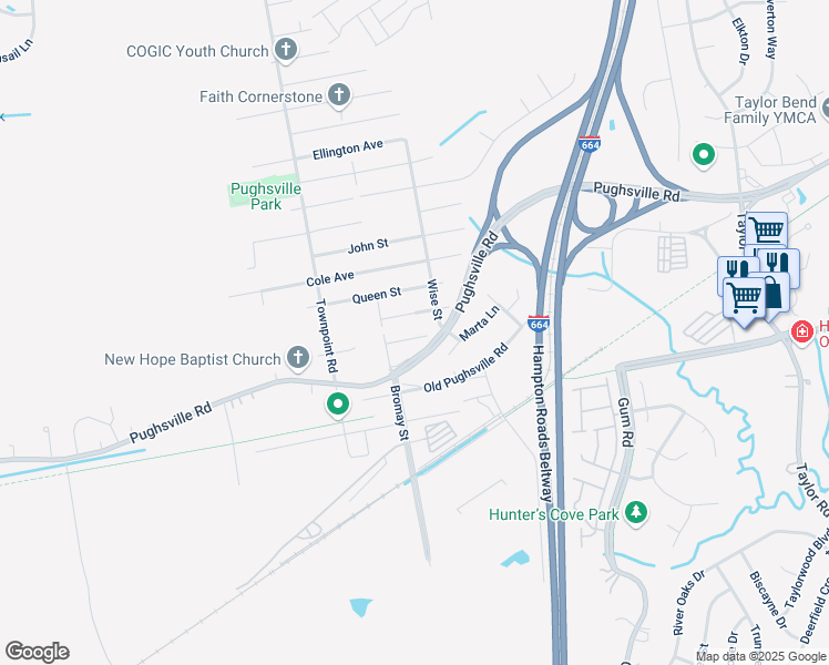 map of restaurants, bars, coffee shops, grocery stores, and more near 5101 Charlotte Street in Chesapeake