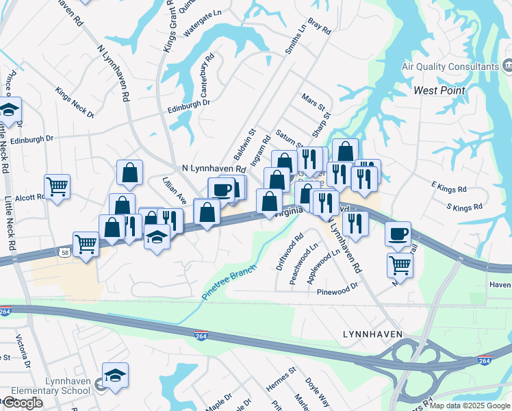 map of restaurants, bars, coffee shops, grocery stores, and more near 2976 Virginia Beach Boulevard in Virginia Beach