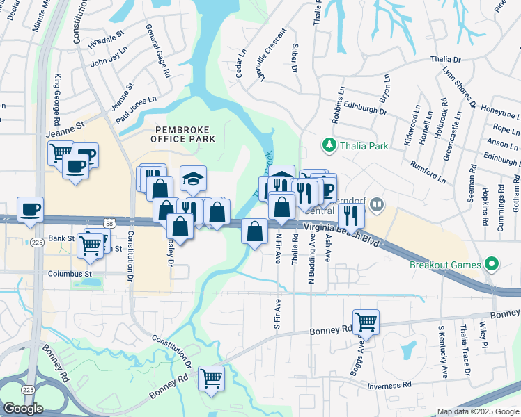 map of restaurants, bars, coffee shops, grocery stores, and more near 4338 Virginia Beach Boulevard in Virginia Beach