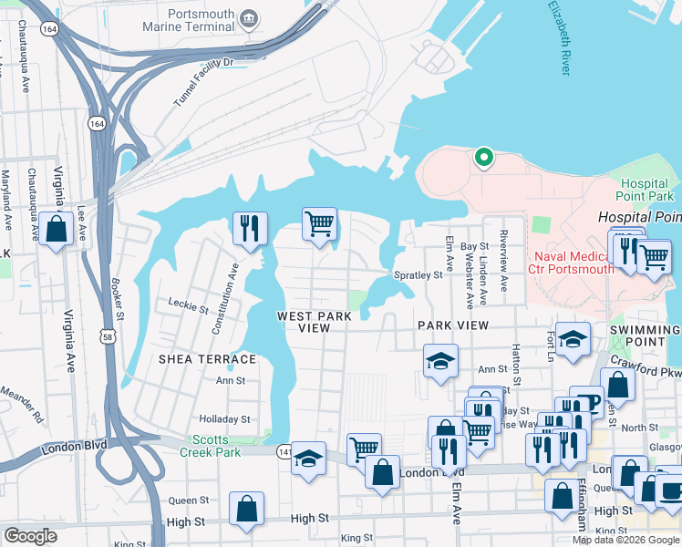 map of restaurants, bars, coffee shops, grocery stores, and more near 1612 Spratley Street in Portsmouth