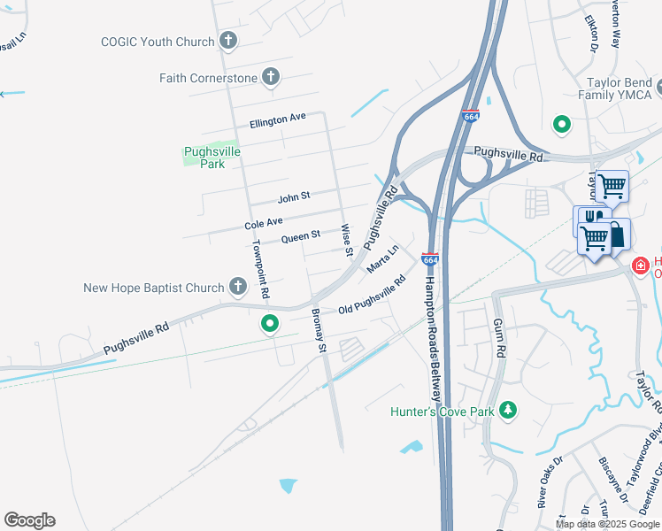map of restaurants, bars, coffee shops, grocery stores, and more near 5101 Charlotte Street in Chesapeake
