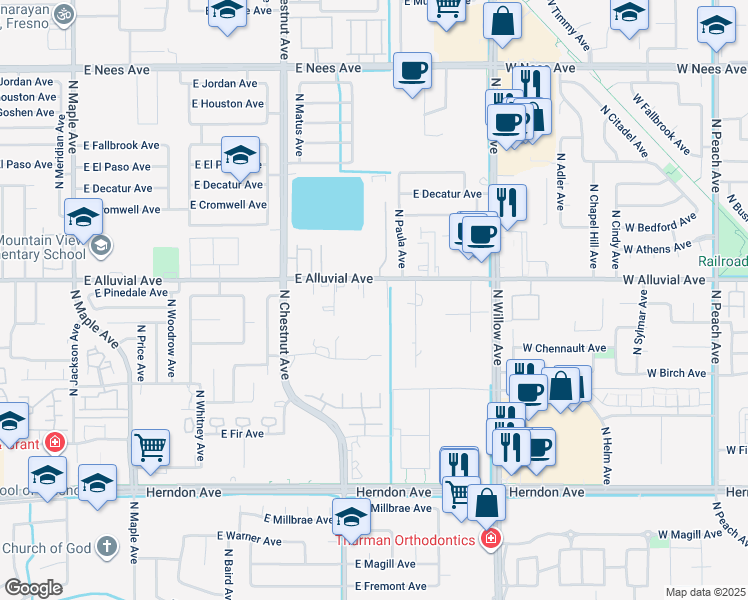 map of restaurants, bars, coffee shops, grocery stores, and more near 2717 East Alluvial Avenue in Clovis