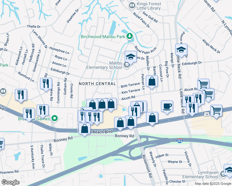 map of restaurants, bars, coffee shops, grocery stores, and more near 421 Catalina Avenue in Virginia Beach