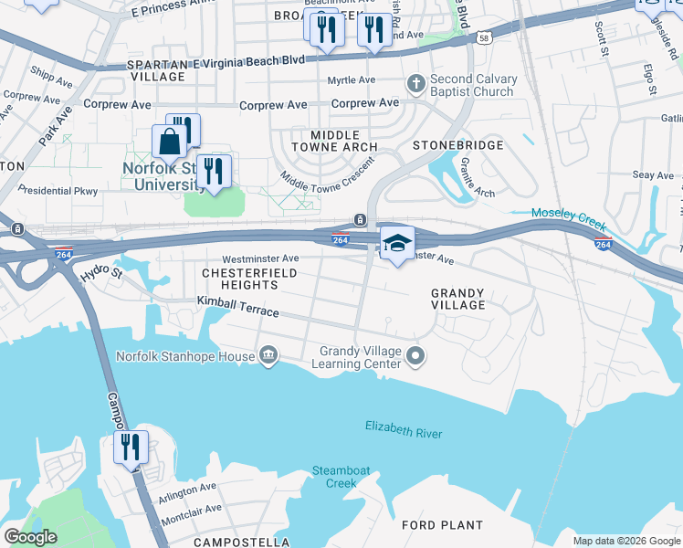 map of restaurants, bars, coffee shops, grocery stores, and more near 2821 Earlscourt Avenue in Norfolk