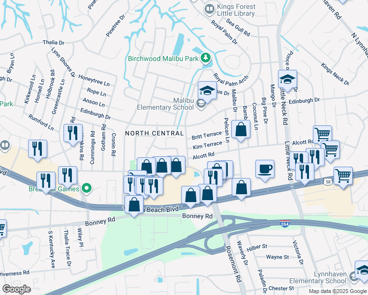 map of restaurants, bars, coffee shops, grocery stores, and more near 421 Catalina Avenue in Virginia Beach