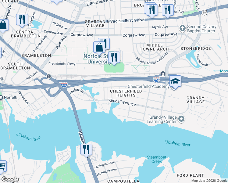 map of restaurants, bars, coffee shops, grocery stores, and more near 732 Forbes Street in Norfolk