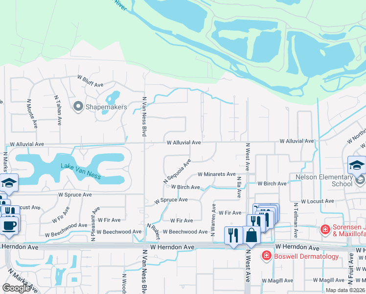 map of restaurants, bars, coffee shops, grocery stores, and more near 2251 West Alluvial Avenue in Fresno