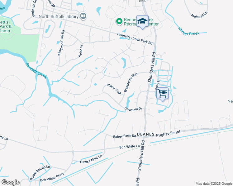 map of restaurants, bars, coffee shops, grocery stores, and more near 3637 Ithaca Trail in Suffolk