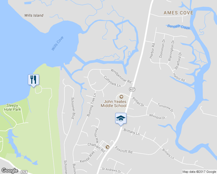 map of restaurants, bars, coffee shops, grocery stores, and more near 2702 Windjammer Road in Suffolk