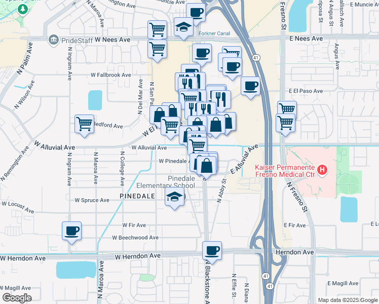 map of restaurants, bars, coffee shops, grocery stores, and more near 49 West Alluvial Avenue in Fresno