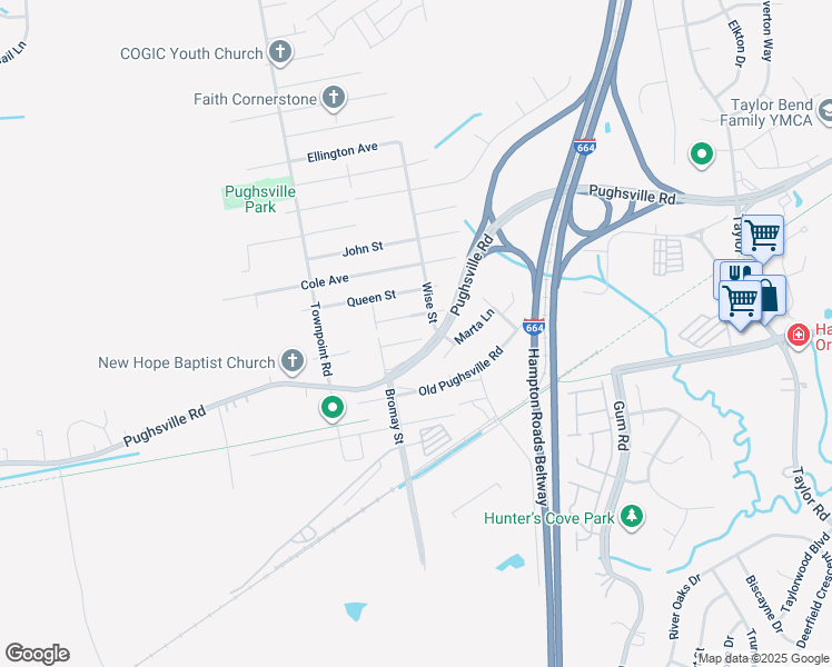map of restaurants, bars, coffee shops, grocery stores, and more near 5108 Bute Street in Chesapeake