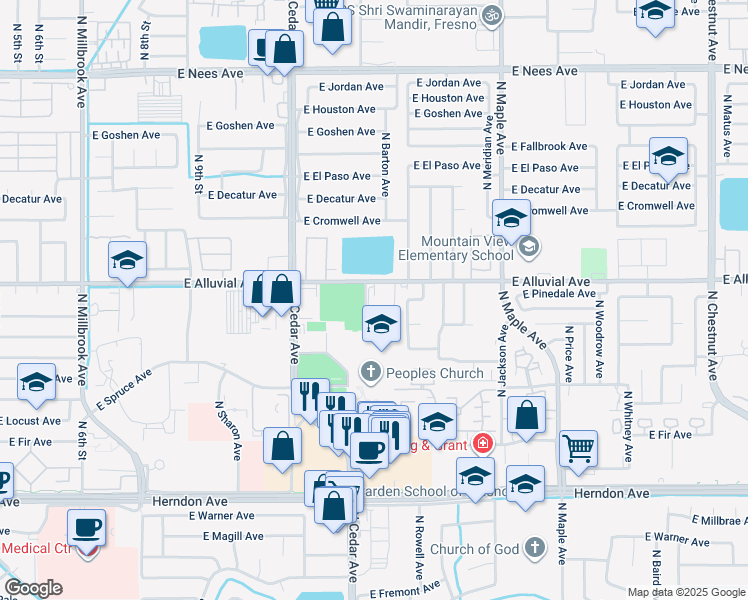 map of restaurants, bars, coffee shops, grocery stores, and more near 1715 East Alluvial Avenue in Fresno