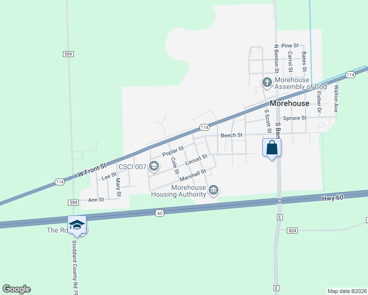 map of restaurants, bars, coffee shops, grocery stores, and more near 102 Poplar Street in Morehouse