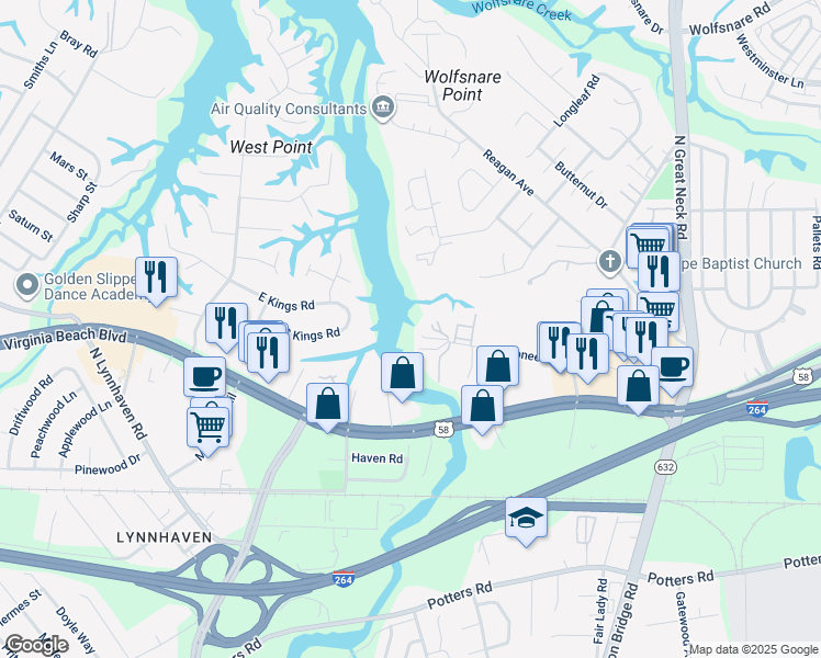 map of restaurants, bars, coffee shops, grocery stores, and more near 2614 Totem Trail in Virginia Beach