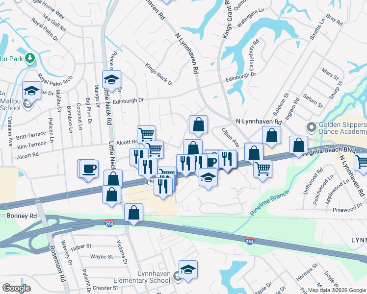 map of restaurants, bars, coffee shops, grocery stores, and more near 394 Courtney Arch in Virginia Beach