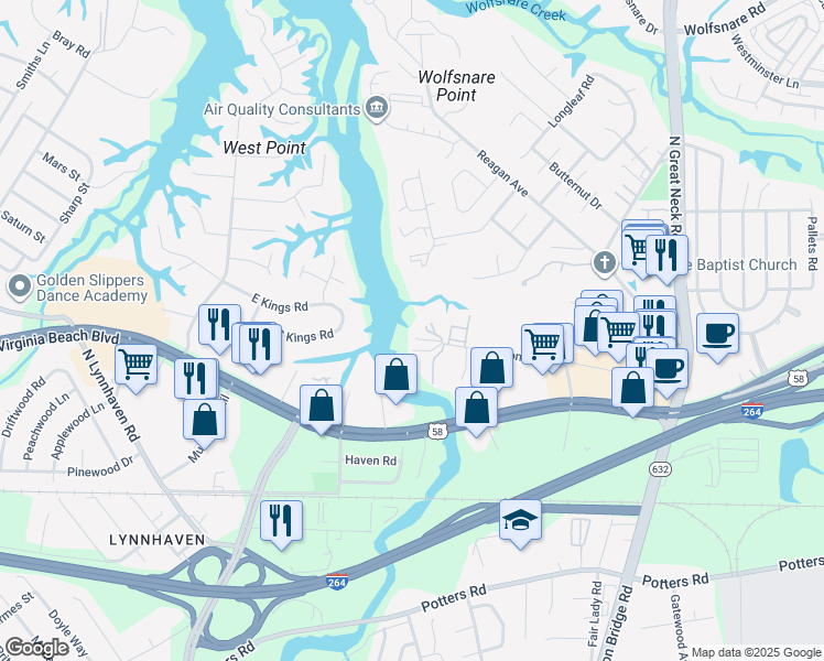 map of restaurants, bars, coffee shops, grocery stores, and more near 2610 Totem Trail in Virginia Beach