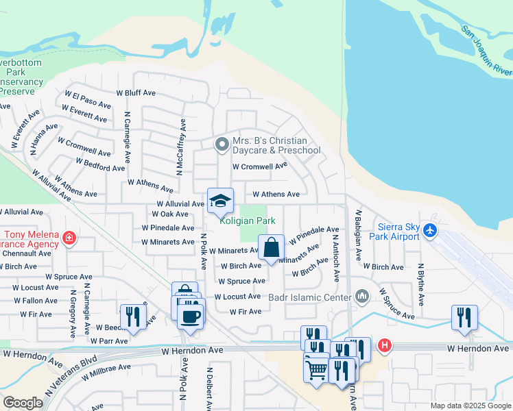 map of restaurants, bars, coffee shops, grocery stores, and more near 5173 West Athens Avenue in Fresno