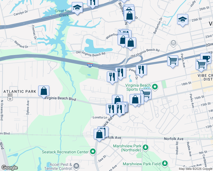 map of restaurants, bars, coffee shops, grocery stores, and more near 1136 Arlynn Lane in Virginia Beach