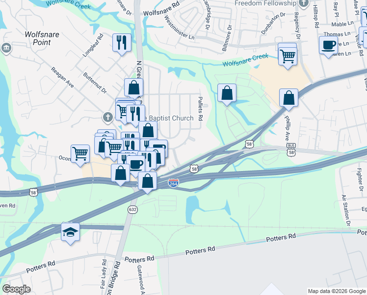 map of restaurants, bars, coffee shops, grocery stores, and more near 316 East Farmington Road in Virginia Beach