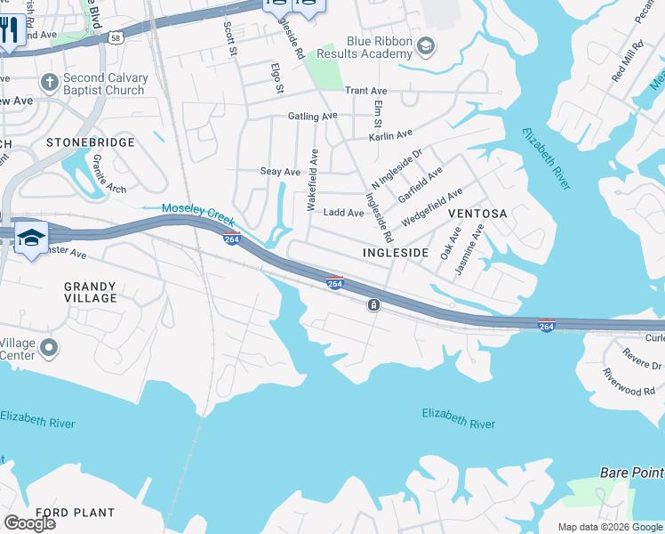 map of restaurants, bars, coffee shops, grocery stores, and more near 3568 Kentucky Avenue in Norfolk
