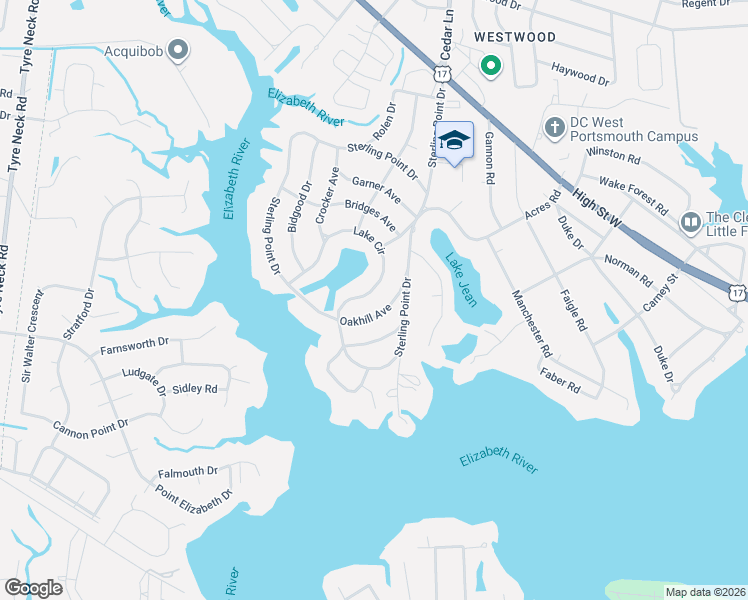 map of restaurants, bars, coffee shops, grocery stores, and more near 5025 Lake Circle in Portsmouth