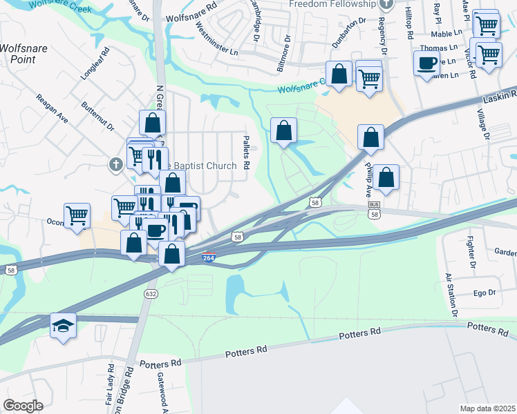 map of restaurants, bars, coffee shops, grocery stores, and more near 2136 Laskin Road in Virginia Beach