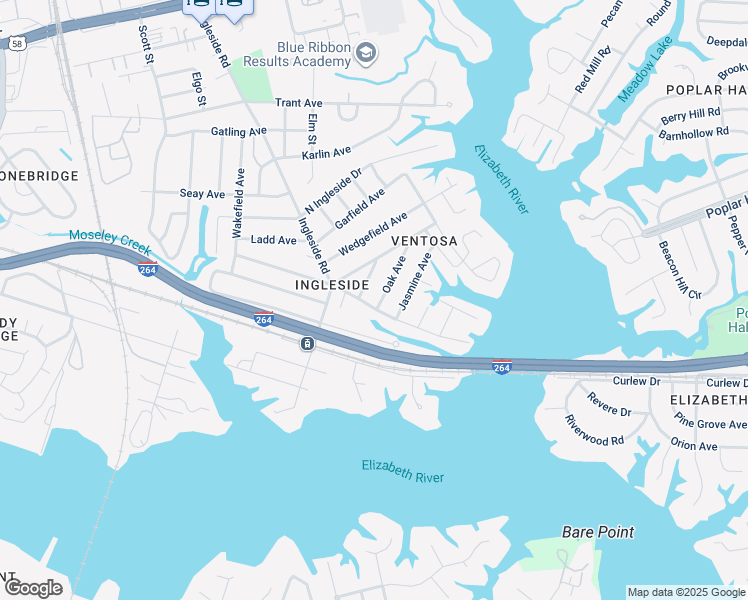 map of restaurants, bars, coffee shops, grocery stores, and more near 3642 Riverside Drive in Norfolk