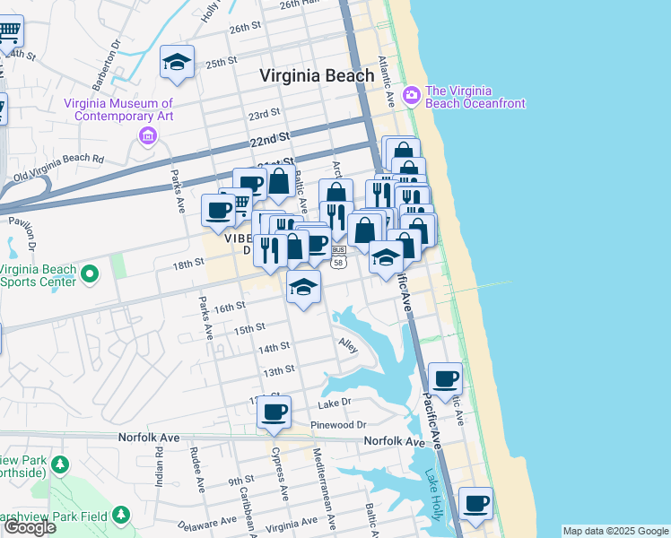 map of restaurants, bars, coffee shops, grocery stores, and more near 413 Virginia Beach Boulevard in Virginia Beach