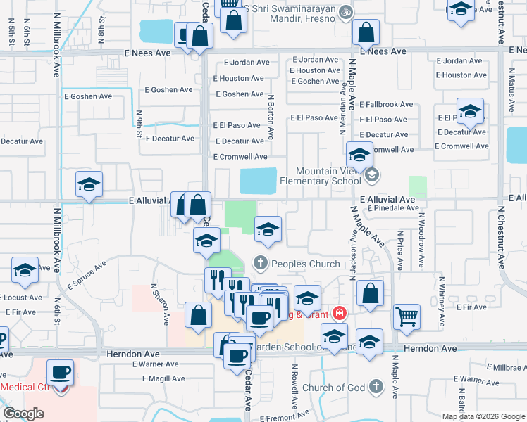 map of restaurants, bars, coffee shops, grocery stores, and more near 1715 East Alluvial Avenue in Fresno