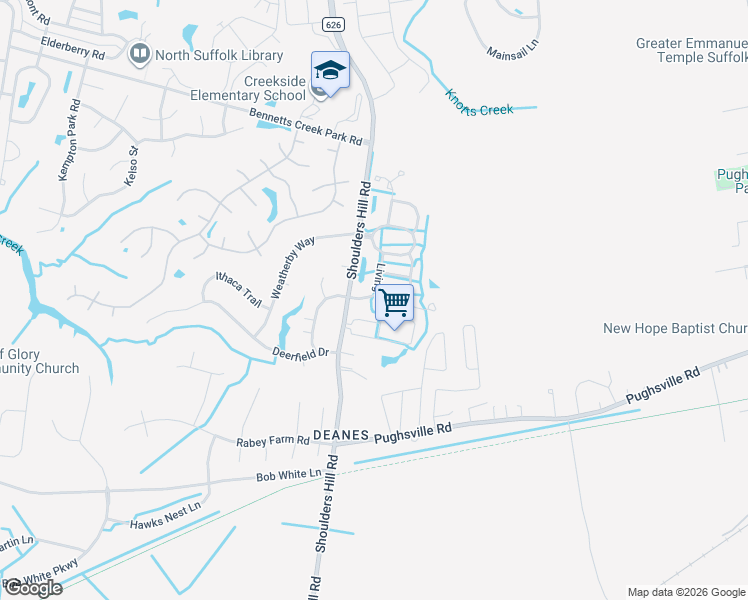 map of restaurants, bars, coffee shops, grocery stores, and more near 3012 Billings Drive in Suffolk