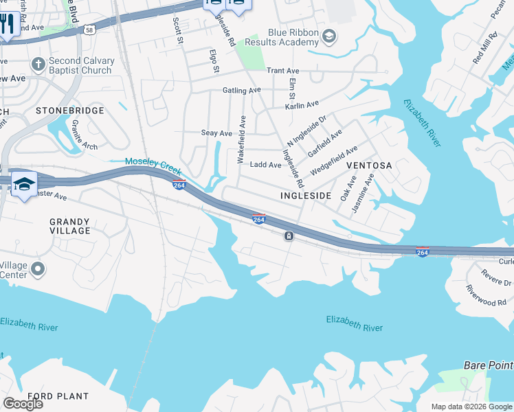 map of restaurants, bars, coffee shops, grocery stores, and more near 3568 Kentucky Avenue in Norfolk