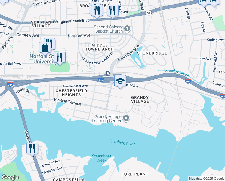 map of restaurants, bars, coffee shops, grocery stores, and more near 2907 Earlscourt Avenue in Norfolk