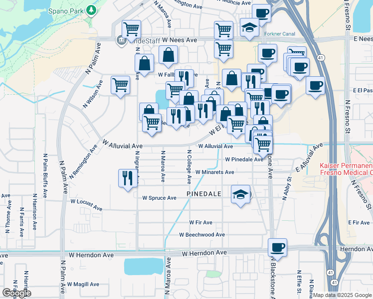 map of restaurants, bars, coffee shops, grocery stores, and more near 313 West Alluvial Avenue in Fresno