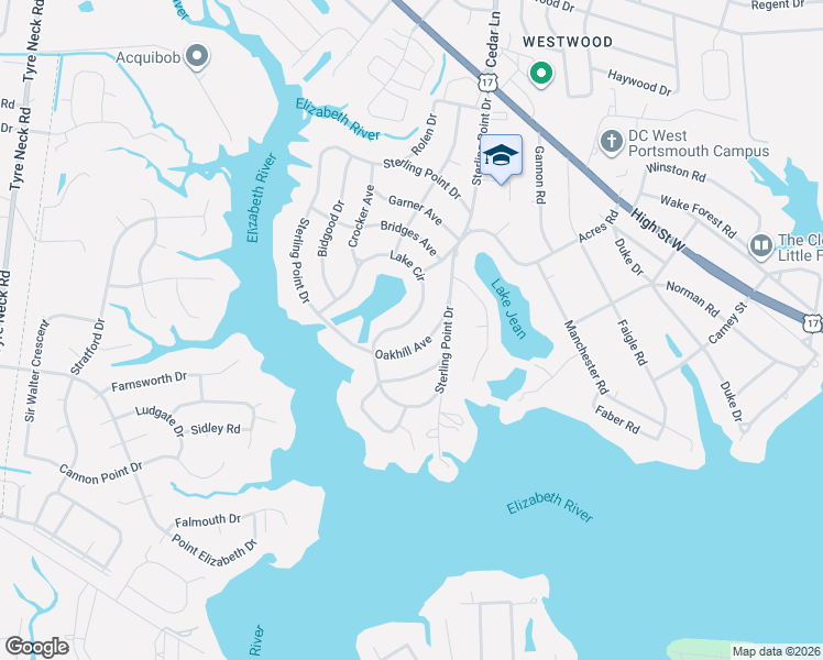 map of restaurants, bars, coffee shops, grocery stores, and more near 5025 Lake Circle in Portsmouth