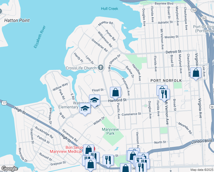 map of restaurants, bars, coffee shops, grocery stores, and more near 631 Surry Street in Portsmouth