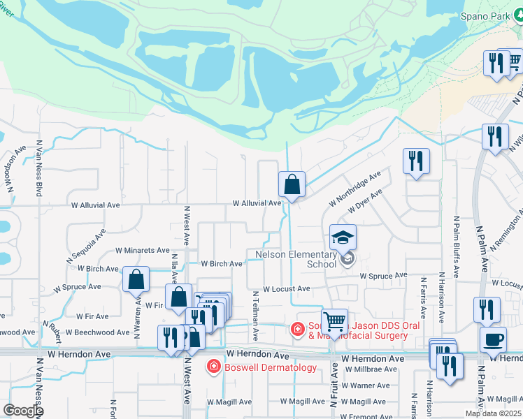 map of restaurants, bars, coffee shops, grocery stores, and more near 1575 West Alluvial Avenue in Fresno