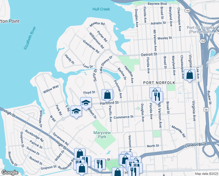 map of restaurants, bars, coffee shops, grocery stores, and more near 693 Lake Shores Drive in Portsmouth