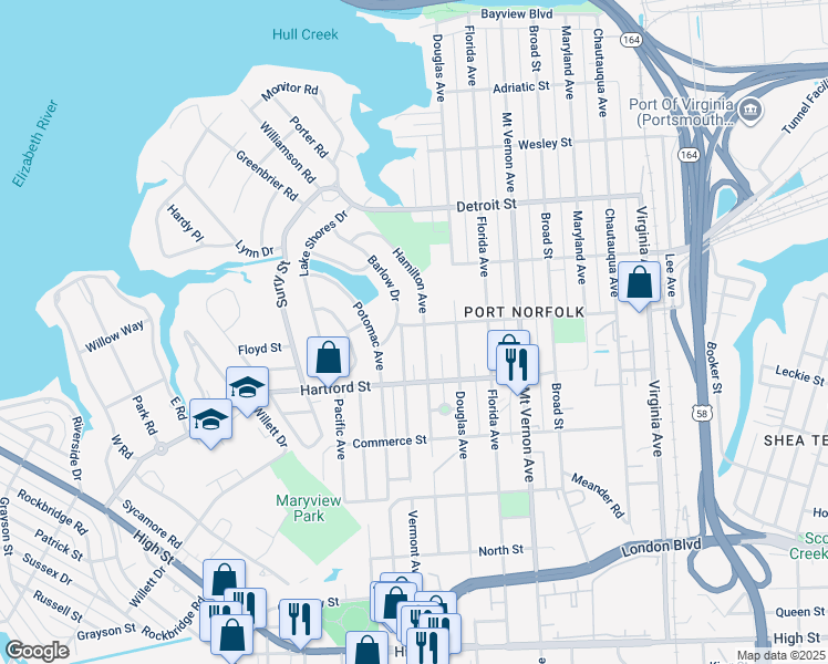 map of restaurants, bars, coffee shops, grocery stores, and more near 3103 Woodrow Street in Portsmouth